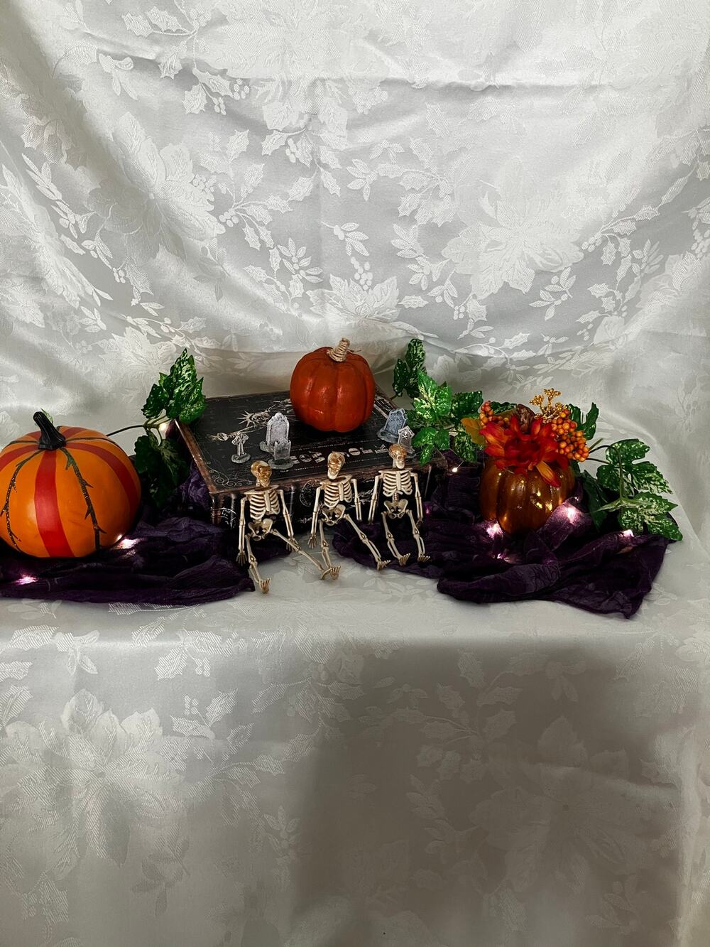 Handmade Halloween Skeleton Centerpiece Lighted Upcycled Spooky Table Decor